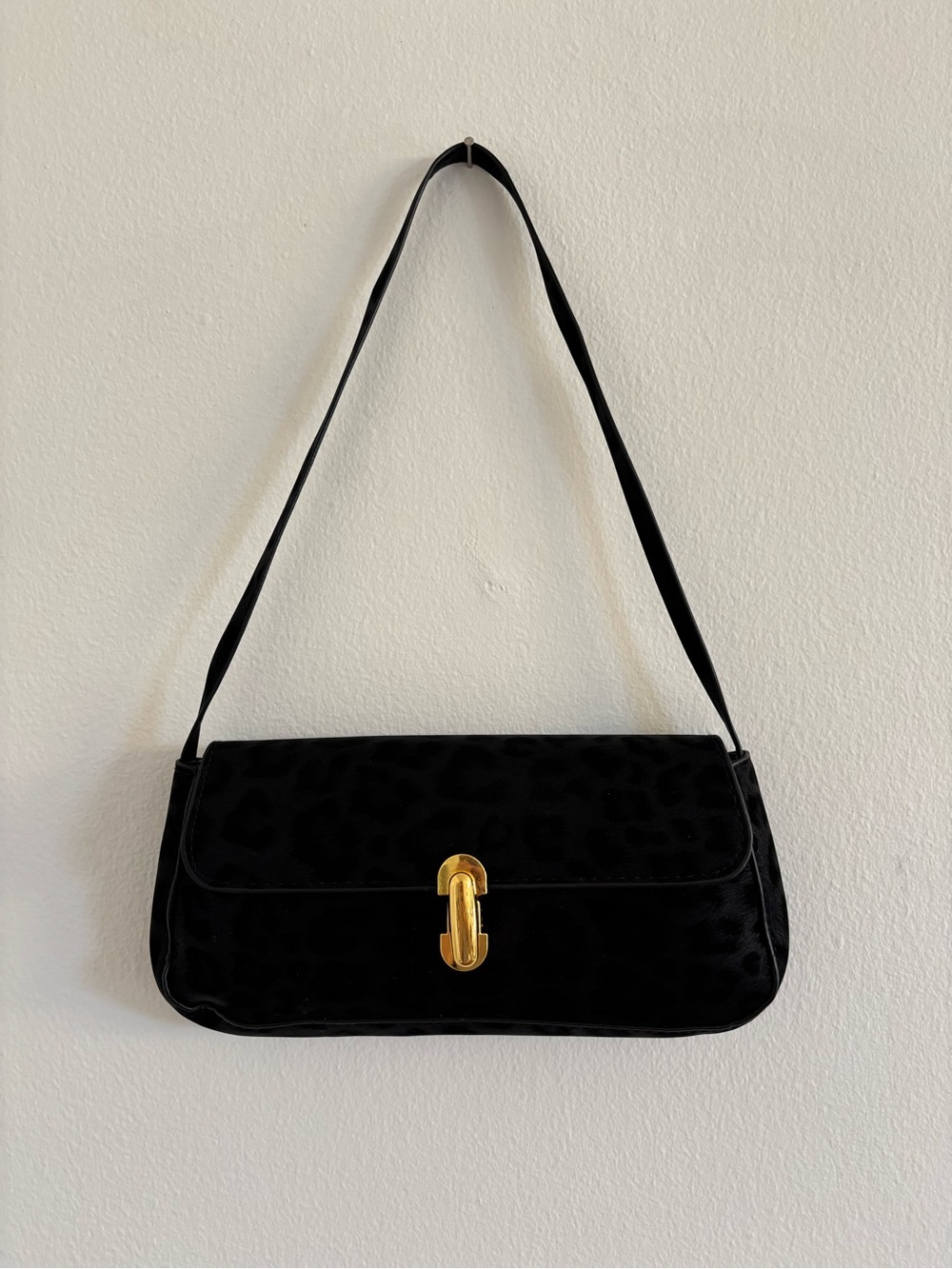 Black Leopard Shoulder Bag with Gold Hardware